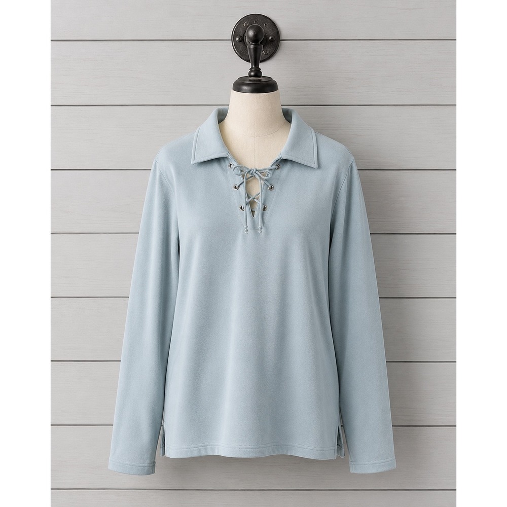 New Sport Savvy Lace Up Top Light Blue Cotton Blend Long Sleeve‎ Size Large